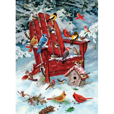 Puzzle Cobble-Hill-80069 Greg Giordano: Vögel auf dem Gartenstuhl