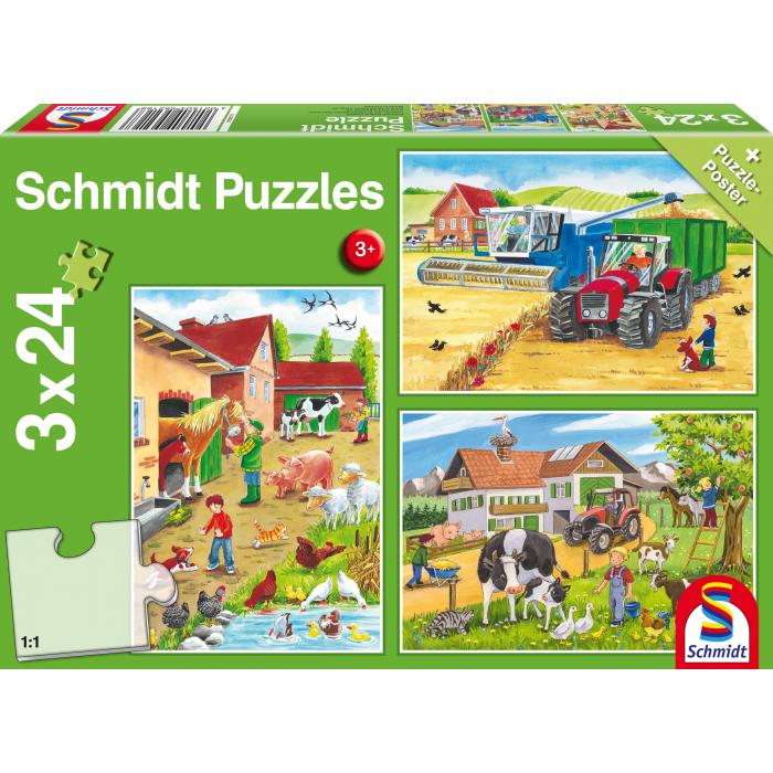  Schmidt-Spiele-56216 3 Puzzles - Auf dem Bauernhof