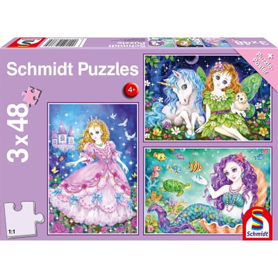 Puzzle Schmidt-Spiele-56376 Prinzessin, Fee & Meerjungfrau (3x48 Teile)