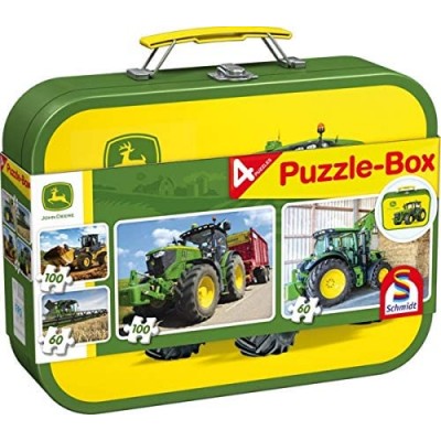 Schmidt-Spiele-56497 John Deere, Traktor, 4 Kinderpuzzle im Metallkoffer, 2x60 und 2x100 Teile