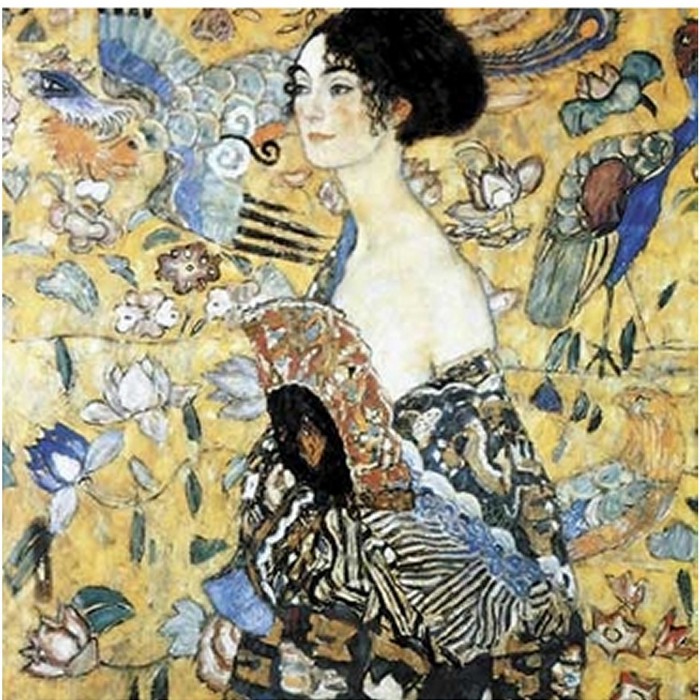 Puzzle aus handgefertigten Holzteilen - Gustav Klimt: Dame mit Fächer