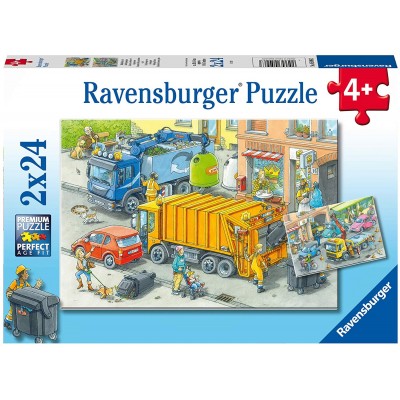 Ravensburger-05096 2 Puzzles - Müllabfuhr Und Abschleppwagen