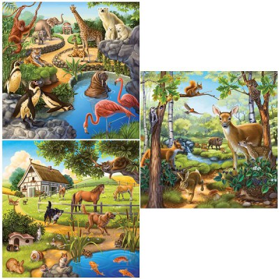 Ravensburger-09265 Puzzle 3 x 49 Teile - Zoo, wiilde und Haustiere