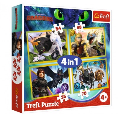 Trefl-34341 4 Puzzles - Dreamworks - Dragons