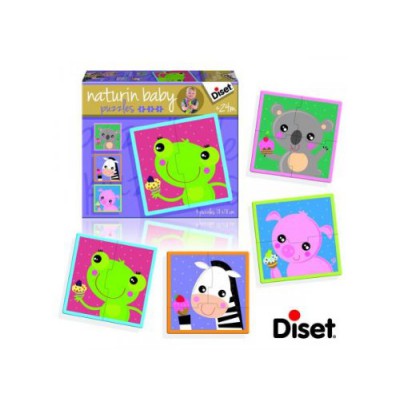 Diset-69956 4 Puzzles Natur - Frosch, Zebra, Schwein und Bär