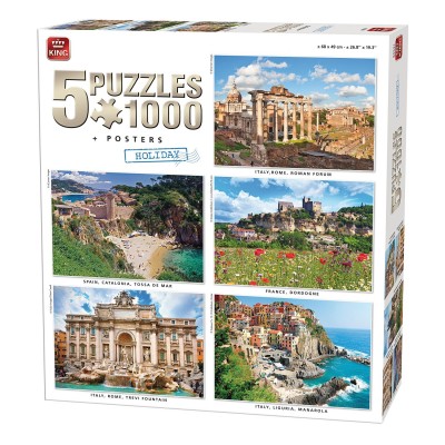 King-Puzzle-85531 5 Puzzles + Poster - Europas schönste Seiten